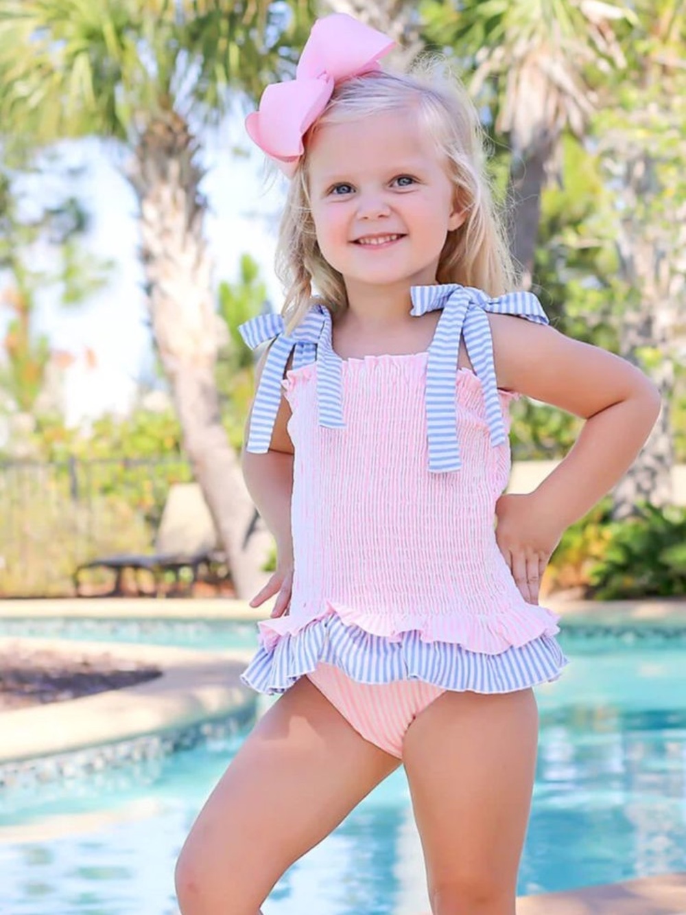 Classic Whimsy Santorini Pink and Blue Striped Smocked Swimsuit Sz 4T